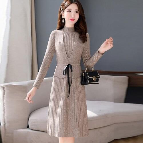 Womens Sweater Dress Long Spring Autumn a Line Solid 2 Piece Slim Half Turtleneck Office Lady Long Sleeve Knitted Wear Female