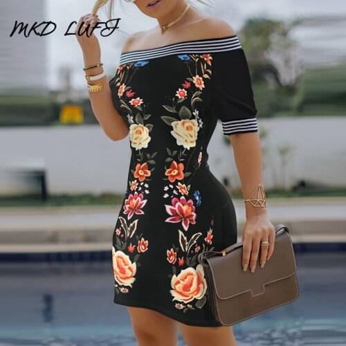 Off Shoulder Floral Print Striped Tape Colorblock Dress