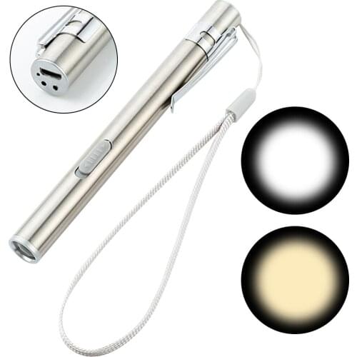 Stainless Steel Portable With USB Rechargeable white + warm light Mini Torch Nursing Flashlight Pen Pocket for camping doctors