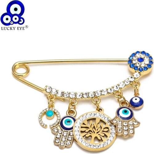 Lucky Eye Fatima Hand Moon Tree Blue Turkish Evil Eye Charm Brooch Pin Gold Color Brooch for Women Girls Fashion Jewelry BE217