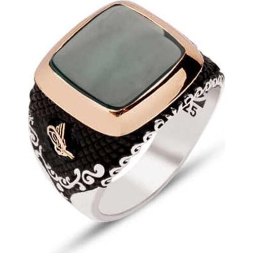 Silver Green Agate Stone Sides Ottoman Tuğralı Motif Male Ring