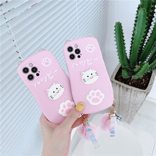 Japan Cute 3D Cartoon Cat Ears Silicone phone Case For iPhone 12 11 Pro Max SE 2 7 8 Plus X XR XS Hairball Pendant Soft Cover