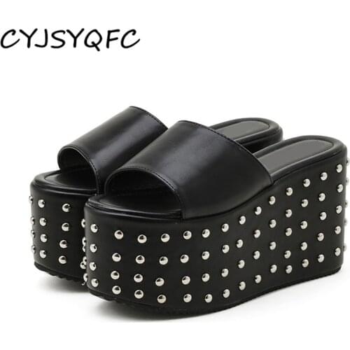 CYJSYQFC Rivets Outdoor Comfy Walking Sandals Women Gothic Style Extreme Platform Heel Lady Slippers Trendy Thick Bottom Slides