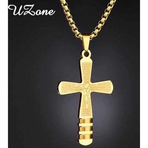 UZone Christmas Bible Lords Prayer Cross Pendant Necklaces 316L Stainless Steel Crucifix Necklace Women Men Amulet Jewelry