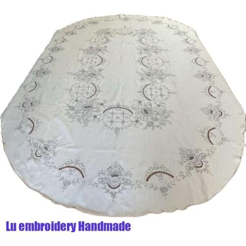 High-end oval lace linen handmade lu embroidery Tablecloth tea Table Cover cloth kitchen Christmas Wedding party home decoration