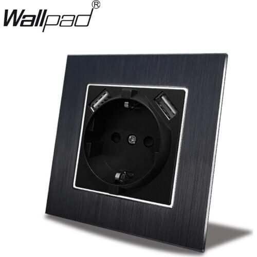Wallpad Black Metal 16A EU Schuko Power Socket with 2 USB Wall Outlet Charger Plate 5.1DC 2.1A For EU Round Box