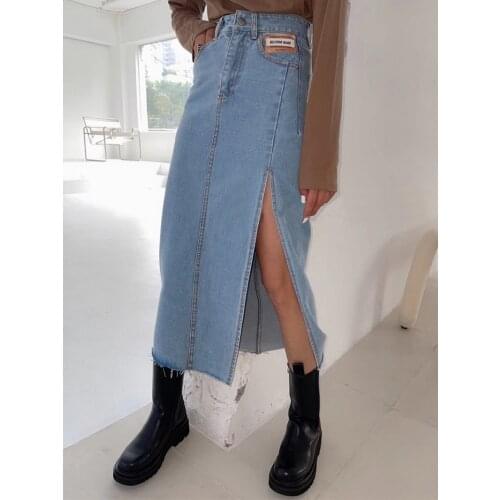 Spring Summer New Design Split Denim Skirts Women Korean Fitness Label High Waist Long Skirt Streetwear Fashion