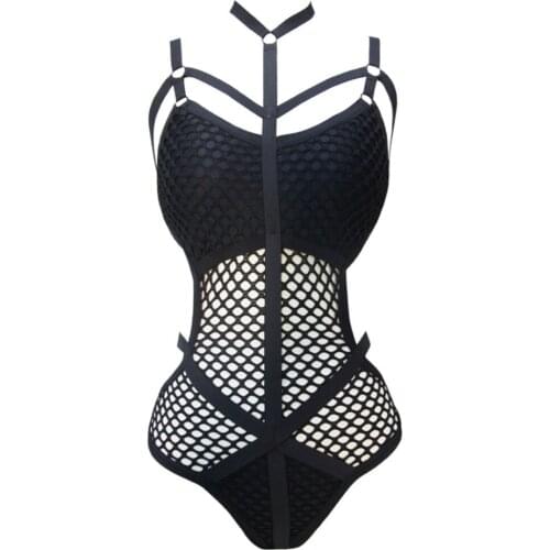 Women Swimwear Black Sheer Knit Net Mesh Sexy One Piece Swimsuit Female Bather Bathing Suit Swim Halter Bodysuit Women Bodycon