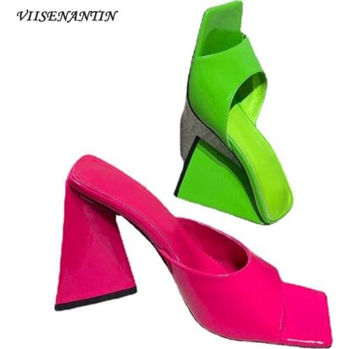 One Word with Slippers Womens Silk Shaped with Cow Patent Leather Square Toe Super High Heel Open-toe Sandals and Slippers