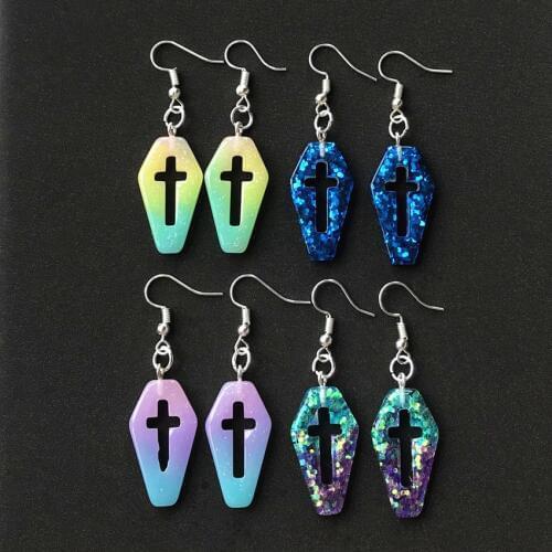 1pair Women Drop Earrings Small Size Cutout Coffin Planchette Flatback Resin cross coffin Dangle Earrings Fashion Jewelry