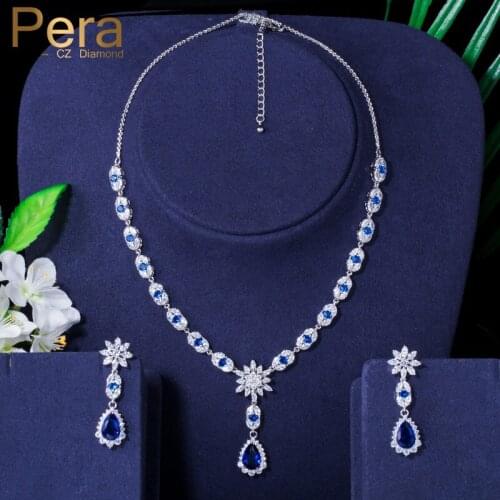 Pera Luxury Bridal Big Water Long Cubic Zirconia Blue Drop Necklace and Earrings Sets for Women Wedding Jewelry Accessories J092