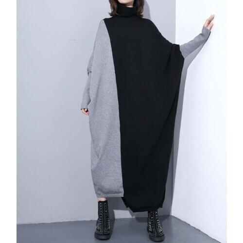 2019 New Spring Plus Size Long Turtleneck Women Sweaters Patchwork Batwing Loose Casual Irregular Hit Color Sweaters RE2230