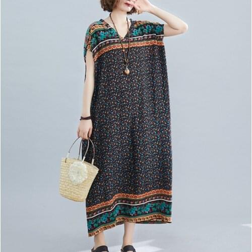 Uego Short Sleeve Loose Summer Dress Cotton Linen Print Floral Vintage Dress Plus Size Long Beach Casual Dress Women Dress Robes