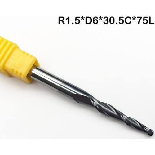 2pc R1.5*D6*30.5*75L*2F HRC55 Tungsten solid carbide Taper Ball Nose End Mill cone milling cutter cnc router bit wood knife tool