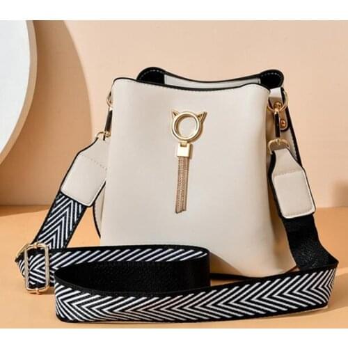 2021 Quality Wide Strap Female PU Leather Bucket Handbag Womens Handbags Fashion Brand Designer Ladys Shoulder Crossbody Bags