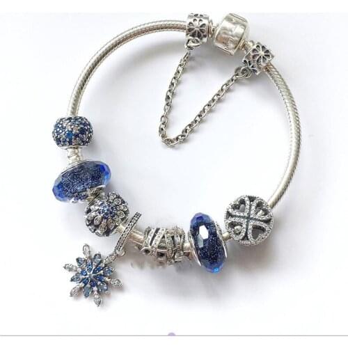 925 Sterling Silver Crystalized Snowflake Clasp Snake Chain Basic Pandora Bracelets Bangle Fit Women Bead Charm DIY Jewelry