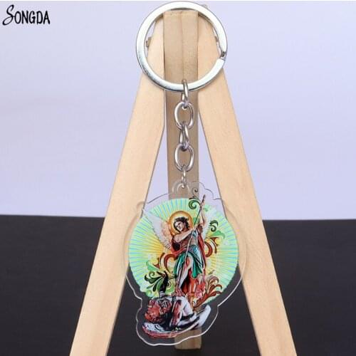 Archangel St.Michael Acrylic Keychain Amulet Jesus Cross Key Chains Original Keychains Car Keyrings Religious Jewelry Wholesale