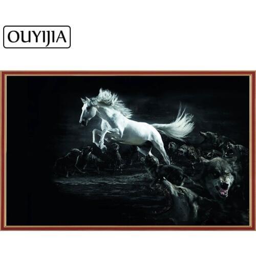 OUYIJIA White Horse And Wolves Animal 5D Diamond Painting Mosaic Cross Stitch Handmade Rhinestone Decoration Diamond Embroidery