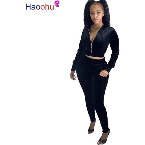 HAOOHU Velvet Fashion Womens Set Two Piece Set Hoodies Tops Leggings Jogger Pants Suit Tracksuit Matching Set Casual Outfit