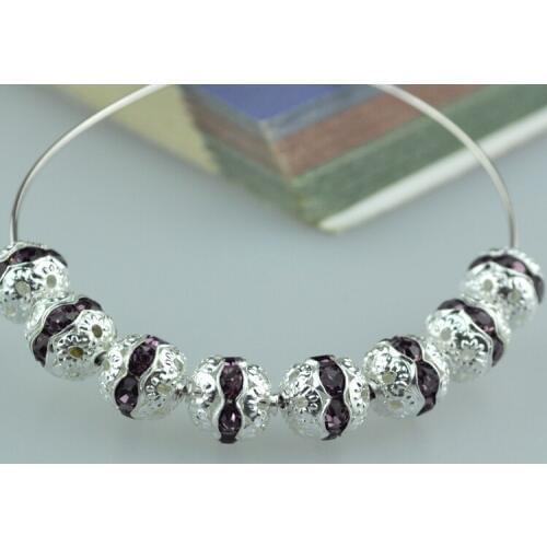 Free Shipping 100pcs/lot Silver Plated Metal Beads 10mm Middle Purple Crystal Rhinestone Spacer Charm Beads Bracelet DIY Beads