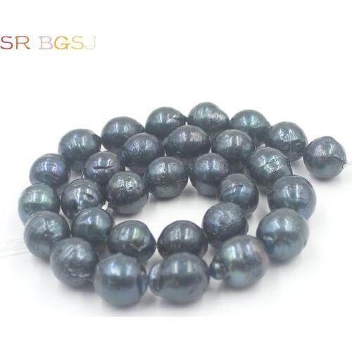 Free Shipping 12-14mm High Quality 100% Real Black Baroque Reborn Keshi Edison Natural Freshwater Round Pearl Beads 15"