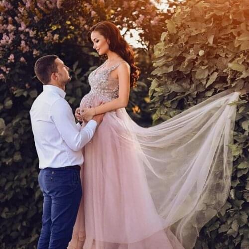 Bling Sequins Maternity Evening Dresses 2021 Sleeveless V-Neck A Line Empire Tulle Pregnant Women Prom Gowns Formal Party Dress