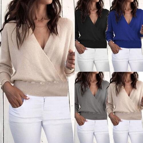 Womens knitted Sweater 2021 Women Winter V-neck Cross Tops New Solid Color Warm Long Sleeve Blouse Casual Ladies Pullovers