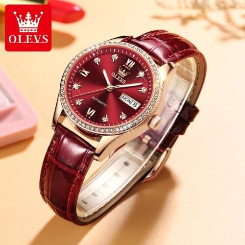 OLEVS Brand Ladies Mechanical Watch Design Leather Watch Women Fashion Luxury Waterproof Shockproof Sports Date Watch Ladies