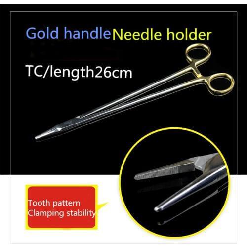 Abdominal surgical instruments 304 stainless steel gold handle insert needle holder Medical needle holder forceps 26 cm longer