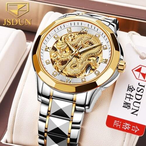 JSDUN Gold Case Luxury Casual Design Stainless Steel Strap Mens Watch Top Brand Luxury Mechanical Hollow Watch Herenhorloge