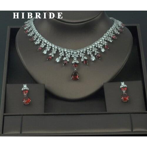 HIBRIDE Red Water Drop Pendant Jewelry Sets For Women Bridal Dress Accessories CZ Stone Earring Necklace Sets For Female N-313