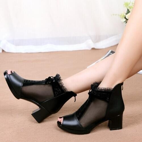 Summer Mesh Lace Open-toe Leather Womens Shoes Roman Fish Mouth Thick Short Heel Sandals Sexy Rhinestone Mesh Mother Shoes