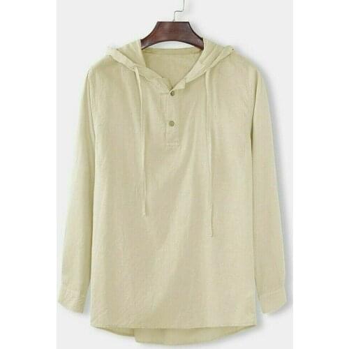 Mens Linen Hooded Casual Hoodies Long Sleeve Button Shirts Tops Simple Comfortable Fashionable Versatile 2020 Hot New