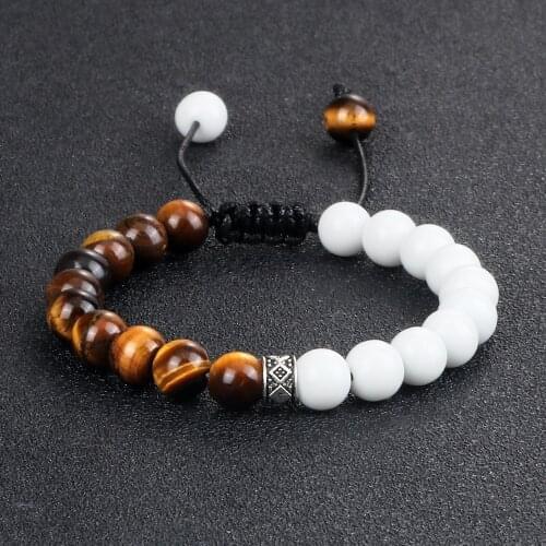 Men Beads Bracelet White Natural Tiger Eye Stone Black Onyx Agat Handmade Bracelets Yinyang Energy Bangle Yoga Meditaion Jewelry