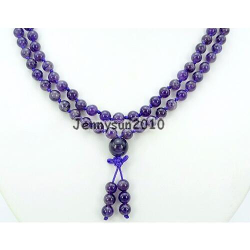 Natural Ame-thyst 6mm Gems Stone Buddhist 108 Beads Prayer Mala Knot Necklace Multi-Purpose 5Strands/Pack