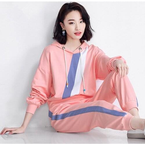 2021 Spring Autumn New Women Fashion Cotton Sports Set Long-sleeve Hooded Top + High Waisted Casual Pants Two Piece Suit Y706