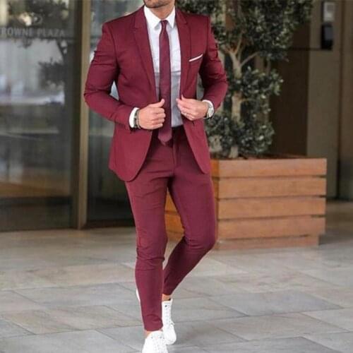 ANNIEBRITNEY Burgundy Slim Fit Groom Wedding Suits For Men 2 Piece Custom Skinny Smart Casual Suit With Pants Men Prom Tuxedo