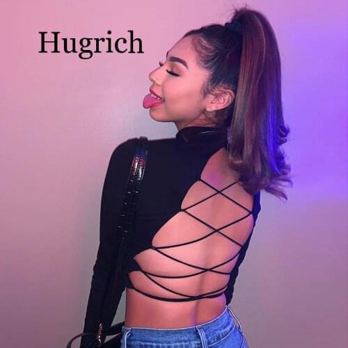 Sensual back hollow out Bandage slim fit crop top Women 2020 hot casual turtleneck harajuku streetwear t-shirt top