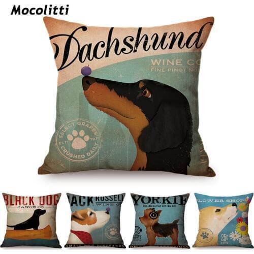 Dachshund Vintage Poster Design Sofa Cushion Cover Cute Poodle Yorkie Black Dog Print Cotton Linen Home Decoration Pillow Cover