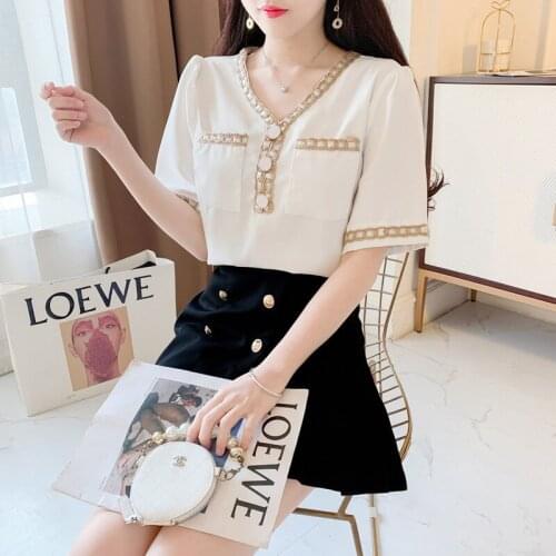 Temperament V-Neck Short-Sleeved Blouse Women 2021 Summer New Korean Simple Style Design Chic Button Casual Tops Ladies Shirt