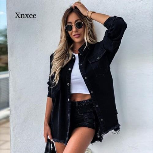 Spring and Autumn Womens Fashion Denim Shirt Jacket Lapel Button Solid Color Design Shirt Top