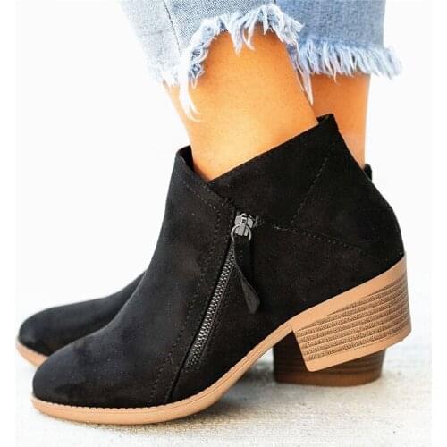 Womens Boots Flock Women Ankle Boors Mid Heel Retro Short Booties Woman 2021 Fashion Winter Boots Pointed Toe Zipper198
