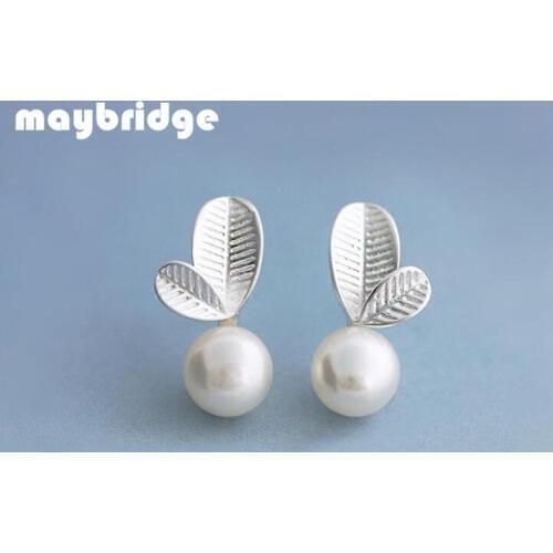 EM156 Cute Sweet Women Earring Sprout Leaves Imitation Pearl Stud Earring Women Silver Plated Jewelry Wholesale