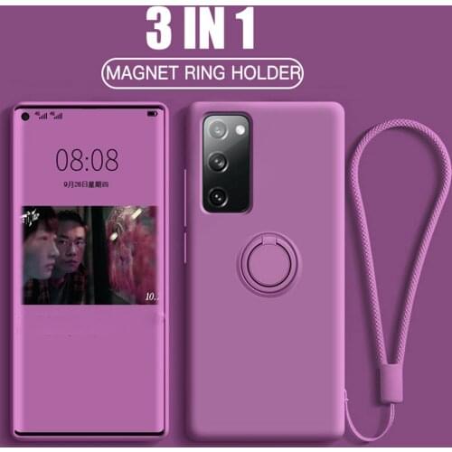 Liquid Silicone Ring Holder Phone Case For Samsung S21 S20 FE S10 S9 Plus A21S A51 A50 A71 Note 20 Ultra Soft Back Cover Coque