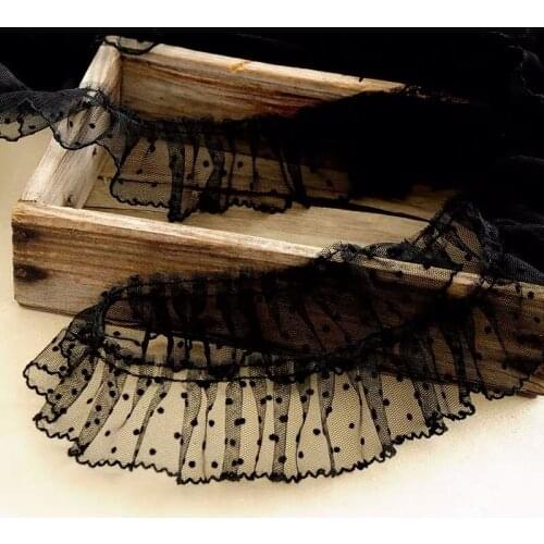 10 yards black ruffled trim with velvet dots, pleated frill trim with polka dots