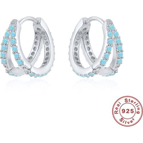 Aide 925 Sterling Silver Luxury Sparkling CZ Turquoise Huggies Hoop Earrings Woman Earring For Girl Lovers 9mm Circle Pendientes