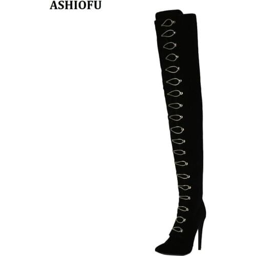 ASHIOFU Handmade Women Thigh High Boots Sexy Night-club Party Prom Over Knee Boots Stiletto High Heel Fashion Long Boots Shoes