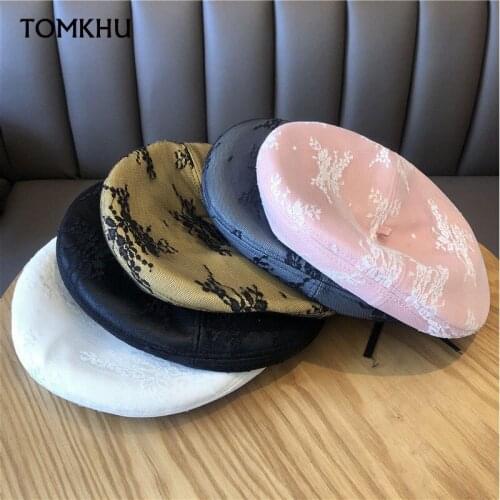 PU Leather Beret Hat For Women Lace Flower Yarn Beret Femme Painter Pumpkin Cap Women Hats Flat Cap Boina Francesa Autumn Winter