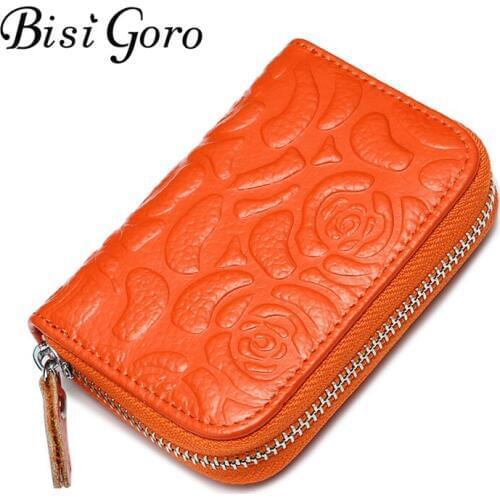 BISI GORO 2020 Women ID Card Holder Fashion Cowhide Wallet For Credit Card Business Card Holders Organizer Bag Purse 10 Colors