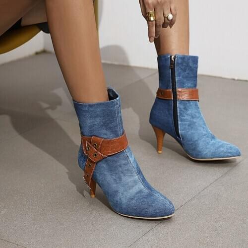 Elegant Fashion Ladies Ankle Boots Female Vintage Belt Buckle Spring Autumn Women Shoes Footwear Pointed Toe Women Denim Boots